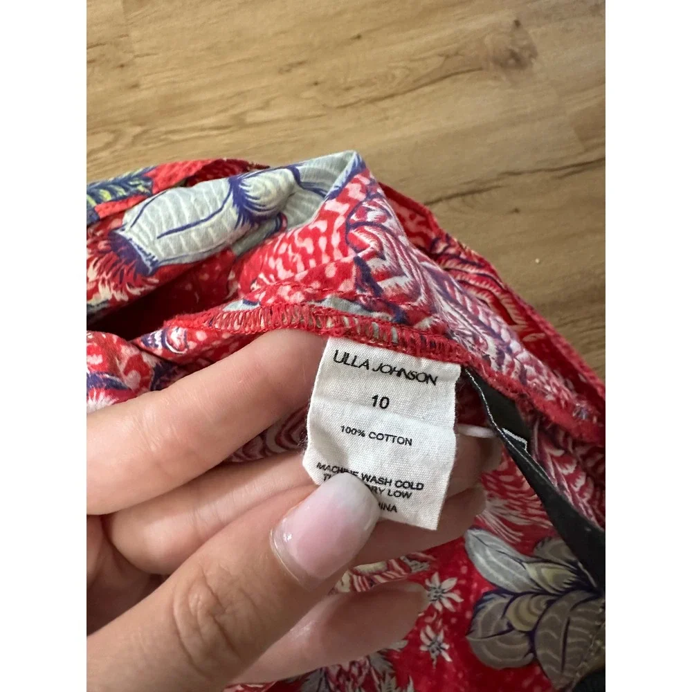 Ulla Johnson Red Floral Cotton Puff Sleeve Peasant Blouse Top Size 10